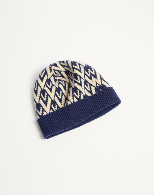 Valentino Garavani - Toute La V Signature Knitted Wool Beanie - Navy/cream - Man - Hats And Gloves