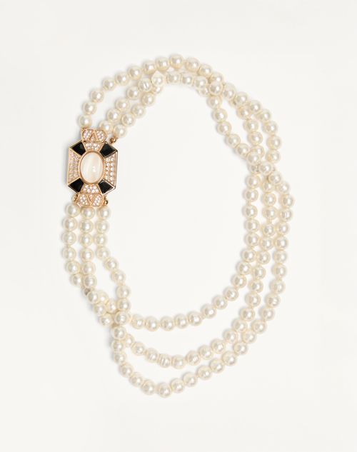 Valentino Garavani Pas Plus Necklace In Metal, Enamel, Resin, Pearls And Swarovski Crystals Woman Crystal/cream Onesize