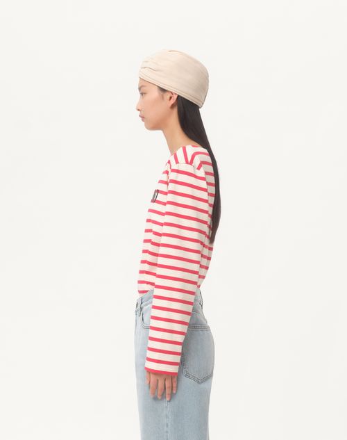 Valentino - Long-sleeved Cotton T-shirt With Chez Valentino Print - Ivory/red - Woman - T-shirts And Sweatshirts