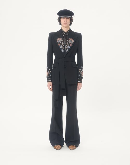 Valentino - Valentino Embroidered Belted Jacket In Grain De Poudre Wool - Black - Man - Coats And Blazers