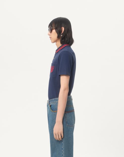 Valentino - Cotton Piqué Polo Shirt With Vg Embroidery - Blue - Man - T-shirts And Sweatshirts