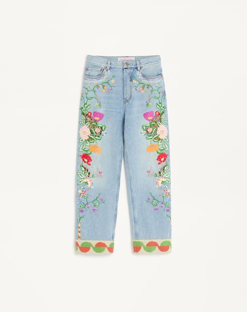 Valentino Womens Floral-embroidery Wide-leg Denim Jeans Denim Blu Lav Chiaro In Denim/multicolour