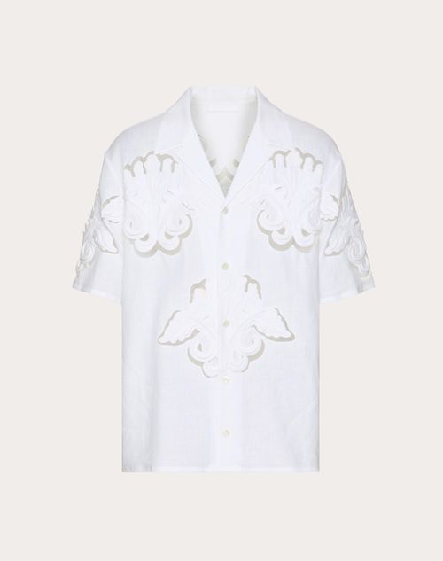 Shop Valentino Linen Bowling Shirt With High Relief Embroidery In Weiss