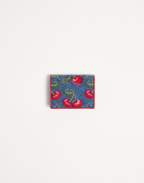 Valentino Garavani - Vlogo Signature Denim Wallet With Cherryfic Embroidery - Denim/multicolour - Woman - Wallets And Small Leather Goods