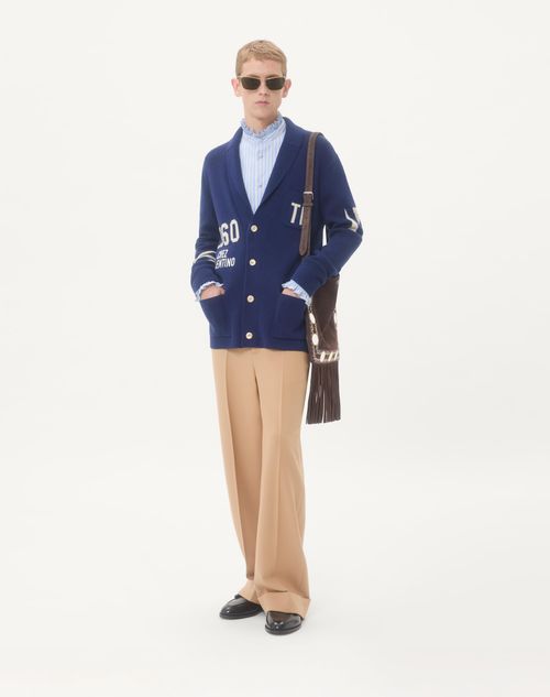 Valentino - Wool Cardigan With Shawl Collar And Chez Valentino Jacquard - Blue/butter - Man - Knitwear