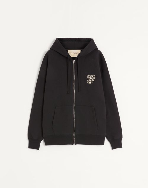 Valentino Garavani Brushed Cotton Hoodie With Vg Patch In Black