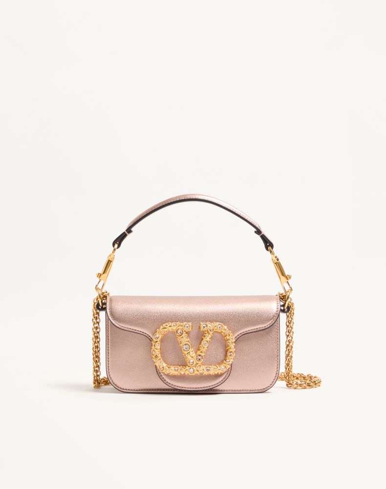 Valentino Garavani Locò Small Shoulder Bag In Laminated Calfskin With Jewel Logo  In Rose Cannelle