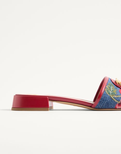 Valentino Garavani - Vlogo Signature Denim Slide Sandal With Cherryfic Embroidery 20mm - Denim/multicolour - Woman - Sandals