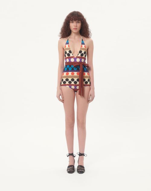 Valentino - Lycra One-piece Swimsuit With Opticool Riga Pois Print - Multicolor - Woman - Beachwear