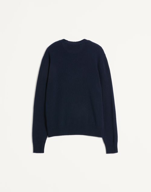 Valentino - Wool Crewneck Jumper With Chez Valentino Embroidery - Blue - Man - Knitwear