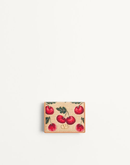 Valentino Garavani - Portefeuille En Raphia Jacquard Vlogo Signature Cherryfic - Naturel/rouge - Femme - Portefeuilles Et Petite Maroquinerie