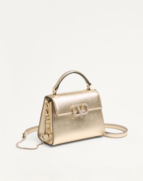 Valentino Garavani - Mini Vsling Handbag In Metallic Grainy Calfskin - Platinum/crystal - Woman - Top Handle Bags