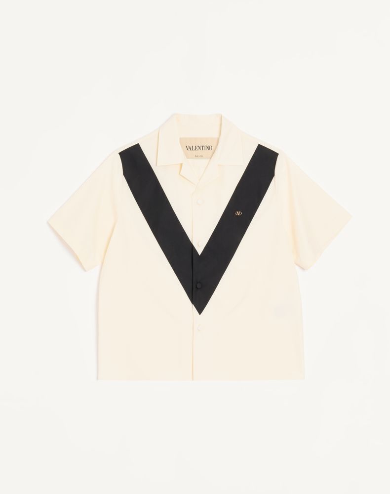 Valentino Men's Ivory/Black Cotton Poplin Bowling Shirt With Inlaid V And Vlogo Patch Man 56