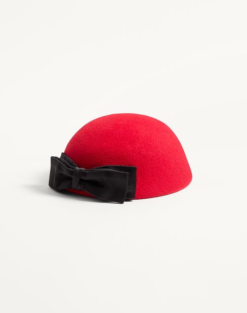 Valentino Garavani - Vlogo Signature Hat In Lapin Fabric With Satin Bow - Red/black - Woman - Hats And Gloves