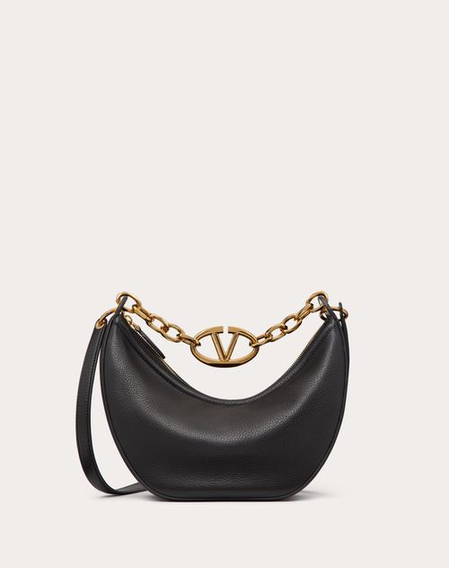 Shop Valentino Garavani Small Vlogo Moon Hobo Bag In Grainy Calfskin With Chain Woman Black Uni In ブラック
