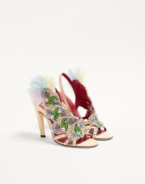 Valentino Garavani - Dans Le Foyer Sandal In Moiré Fabric With Floral Embroidery And Feathers 105mm - Multicolor - Woman - Sandals