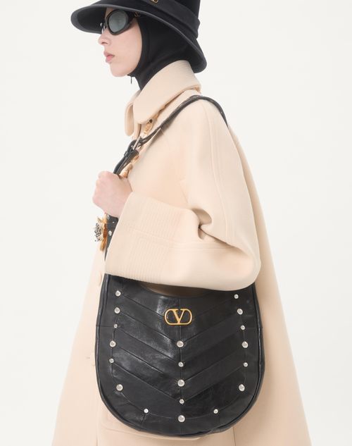 Valentino Garavani - Valentino Garavani Hoboho Hobo Bag In Chevron-patterned Nappa Leather With Studs - Black - Woman - Shoulder Bags