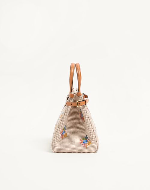 Valentino Garavani - Kleine Valentino Garavani Antibes Canvas-einkaufstasche Mit Stickerei - Natur - Frau - Shopper Taschen