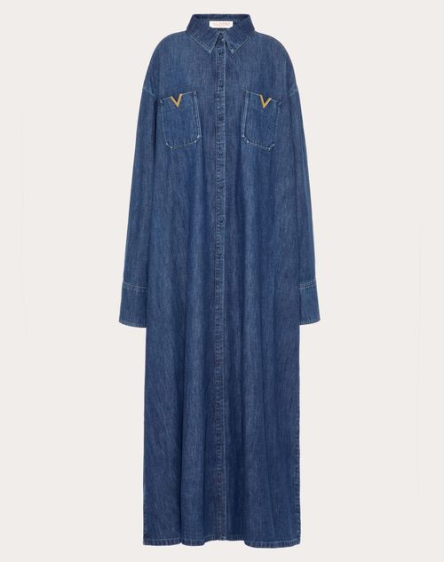Shop Valentino Chambray Denim Long Dress Woman Blue 44