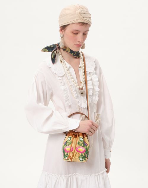 Valentino Garavani - Vlogo Signature Mini Bucket Bag In Raffia With Floral Embroidery - Multicolor/camel - Woman - Shoulder Bags