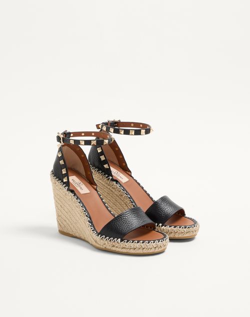 Valentino Garavani - Double Rockstud Grainy Calfskin Wedge Sandal 105 Mm - Black - Woman - Espadrilles And Wedges
