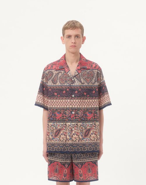 Valentino - Bowling Shirt In Cotton Muslin With Voyage Imaginaire Print And Passementerie Trims - Multicolor - Man - Shirts