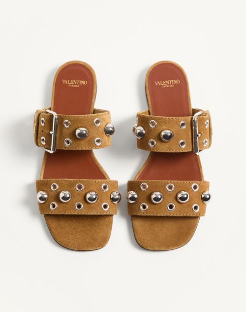 Valentino Garavani - Nellcôte Crust Leather Slide Sandal - Havana Beige - Woman - Slides And Thongs