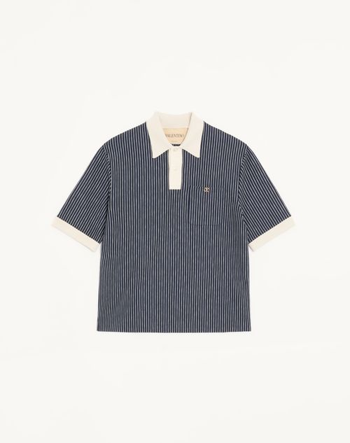 Valentino - Valentino Viscose T-shirt With Striped Vlogo Embroidery - Navy/butter - Man - T-shirts And Sweatshirts