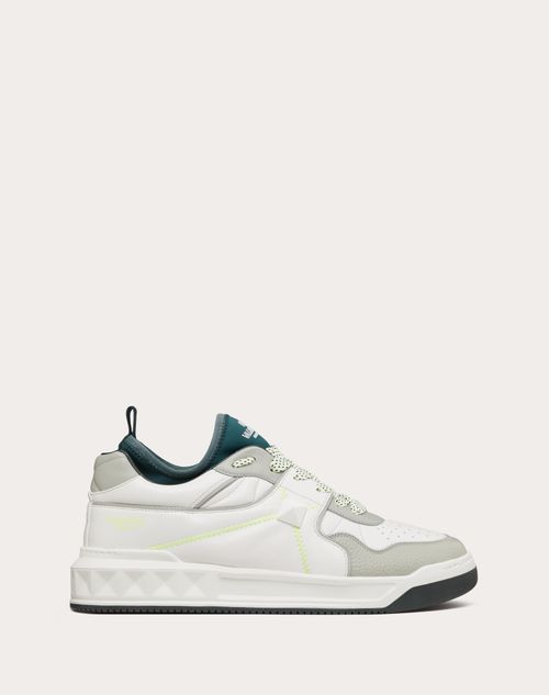 Valentino Garavani One Stud Mid-top Sneaker In Nappa Leather And Fabric In White/grey