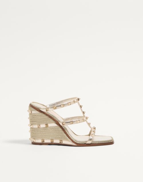 Valentino Garavani Rockstud Wedge Sandal In Laminated Nappa With Cornely Embroidery 100mm Woman Platinum 39