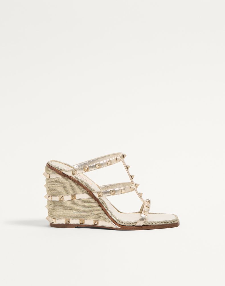 Valentino Garavani Women's Platinum Rockstud Wedge Sandal In Laminated Nappa With Cornely Embroidery 100Mm Woman 42