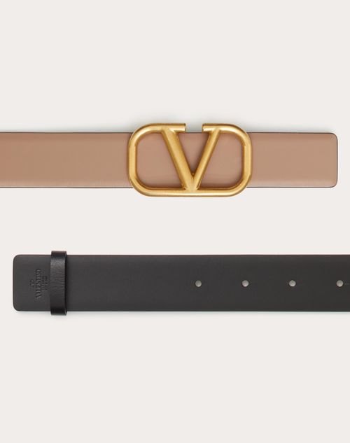 Valentino Garavani - Reversible Vlogo Signature Belt In Glossy Calfskin 30 Mm - Smokey Beige/black - Woman - Belts