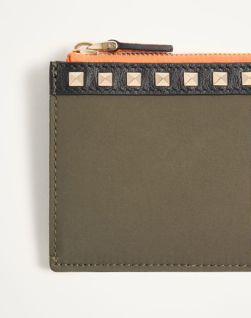 Valentino Garavani - Valentino Garavani Stud-up Coin And Cardholder In Nylon And Grainy Calfskin - Olive Green - Man - Wallets And Small Leather Goods