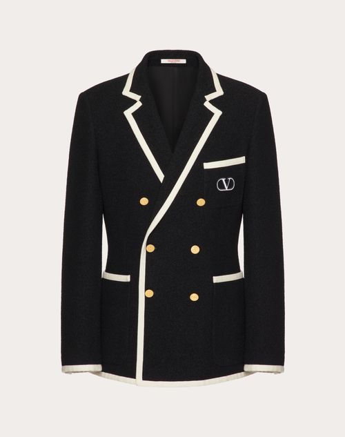 Shop Valentino Double-breasted Bouclé Wool Jacket With Vlogo Signature Embroidery In Black