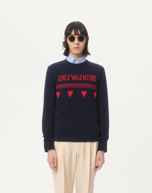 Valentino - Wool Sweater With Chez Valentino Jacquard Motif - Blue/red - Man - Knitwear