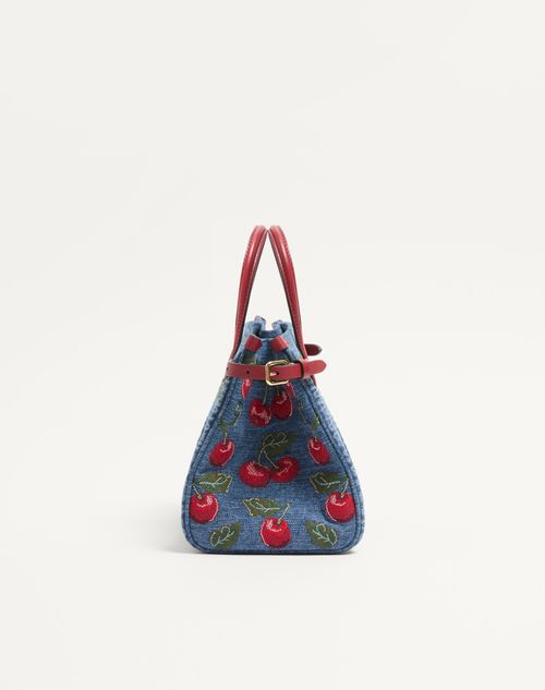Valentino Garavani - Valentino Garavani Antibes Small Shopping Bag In Denim With Cherryfic Embroidery - Denim/multicolour - Woman - Totes