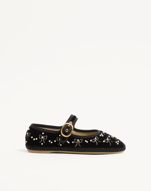 Valentino Garavani - Mary-jane Endouce Velvet Ballerina With Bow Embroidery - Black - Woman - Ballerinas