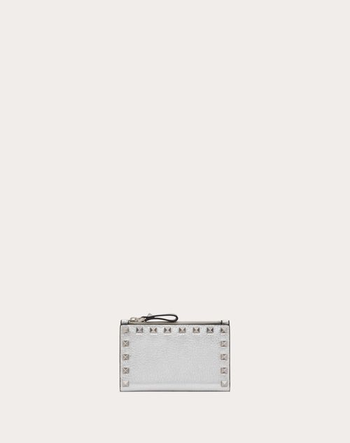 Valentino Garavani Rockstud Grainy Metallic Calfskin Card Holder With Zip Woman Silver Uni In Silver