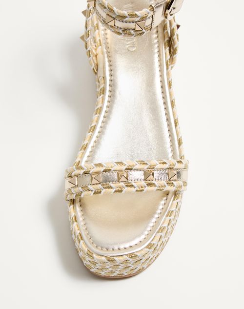 Valentino Garavani - Rockstud Flatform Sandal In Laminated Nappa Leather 45mm - Natural/ivory/gold/platinum - Woman - Espadrilles And Wedges