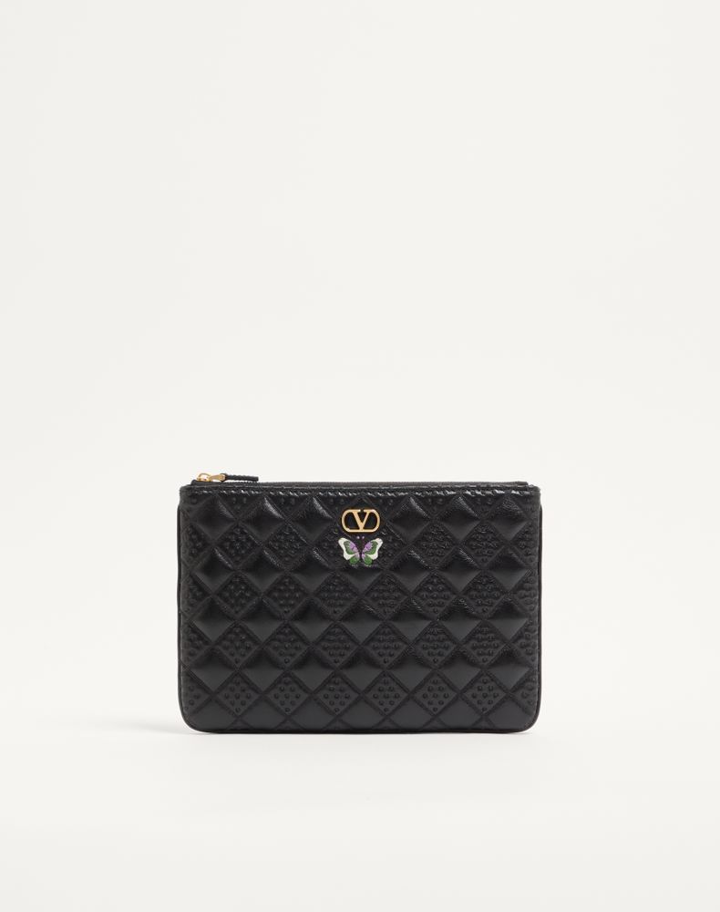 Valentino Garavani Flutterby Clutch In Shiny Nappa Leather With Butterfly Embroid In ブラック