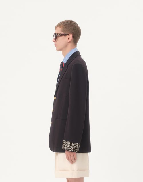 Valentino - Single-breasted Wool And Cotton Jacket With Jacquard Trimmings - Navy - Man - Coats And Blazers