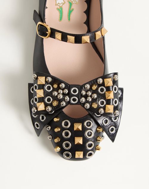 Valentino Garavani - Mary-jane Bowow Ballerina In Kidskin With Studs - Black - Woman - Ballerinas