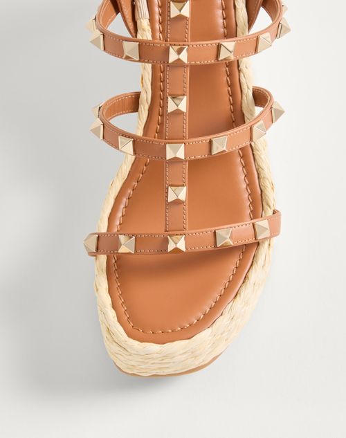 Valentino Garavani - Rockstud Wedge Sandal With Calfskin Straps 95mm - Natural/almond - Woman - Espadrilles And Wedges