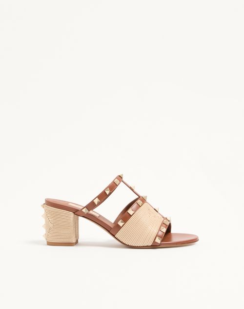 Valentino Garavani Rockstud Calfskin Slide Sandal With Cornely Embroidery 60mm Woman Saddle Brown/natural 37.5