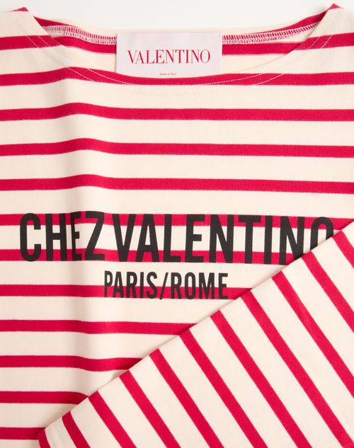Valentino - Long-sleeved Cotton T-shirt With Chez Valentino Print - Ivory/red - Woman - T-shirts And Sweatshirts