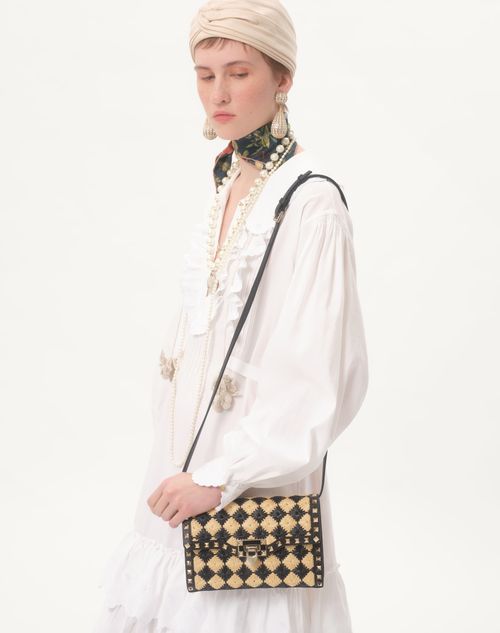 Valentino Garavani - Valentino Garavani Rockstud Small Shoulder Bag In Embroidered Raffia - Natural/black - Woman - Shoulder Bags