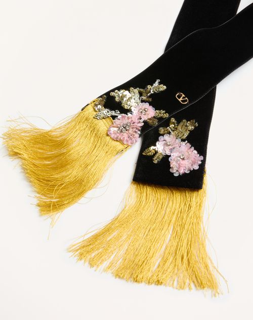 Valentino Garavani - Valentino Velvet Scarf With Embroidery - Black/gold - Woman - Soft Accessories