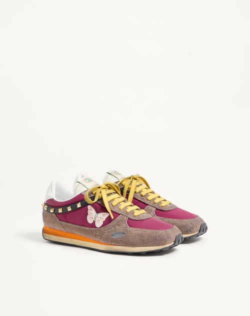 Valentino Garavani - Stud Up Sneaker In Split Leather And Nylon With Butterfly Embroidery - Insolent/multicolour - Man - Sneakers