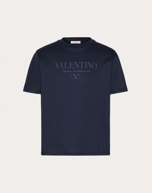 Shop Valentino Print Cotton Crewneck T-shirt In Navy