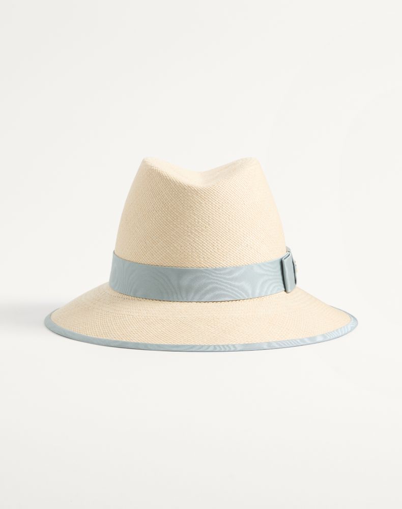 Valentino Garavani Vlogo Signature Straw Hat With Moiré Ribbon Woman Natural/azure 58